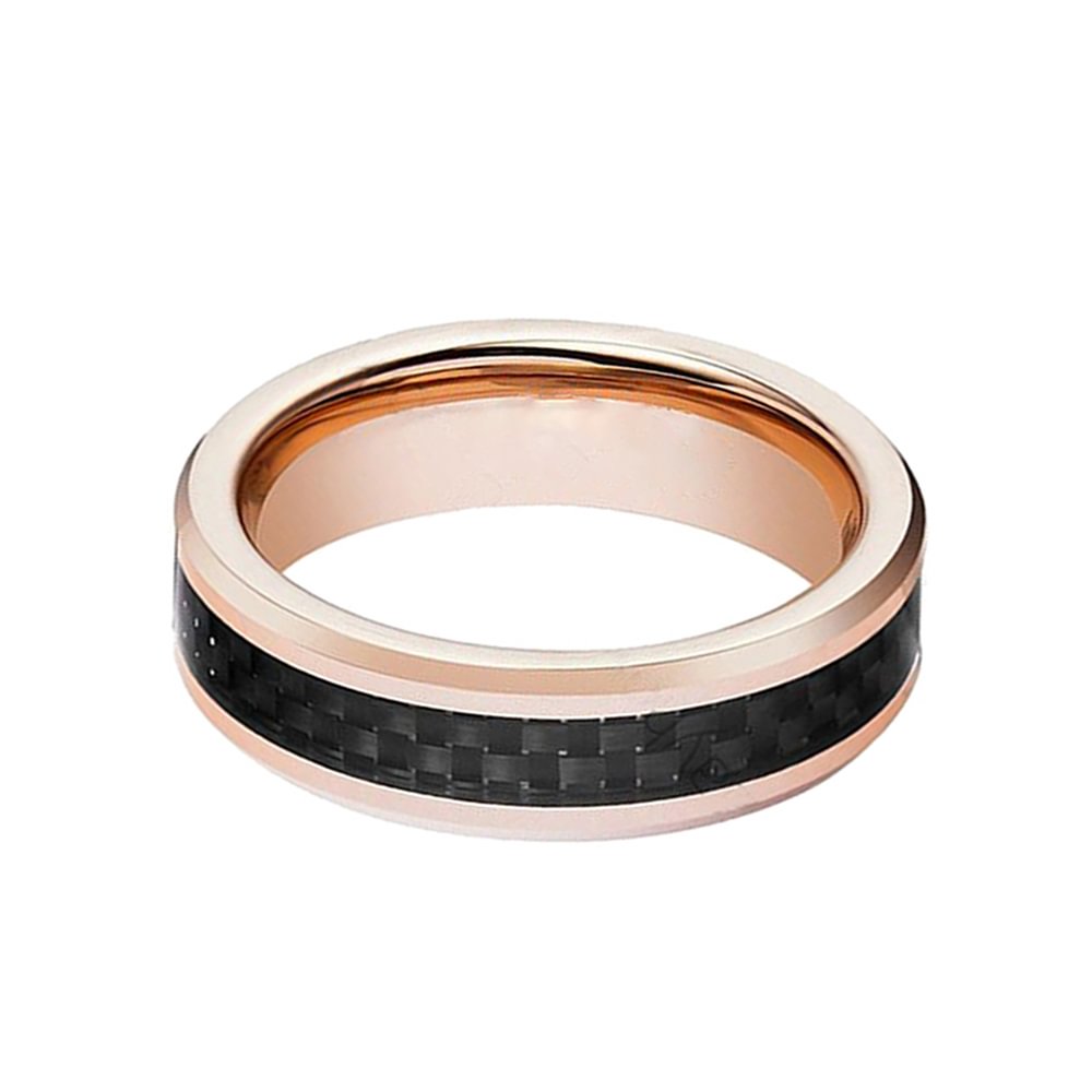 Rose Gold Couple Tungsten Carbide Rings Black Carbon Fiber Inlay 6MM Wedding Band