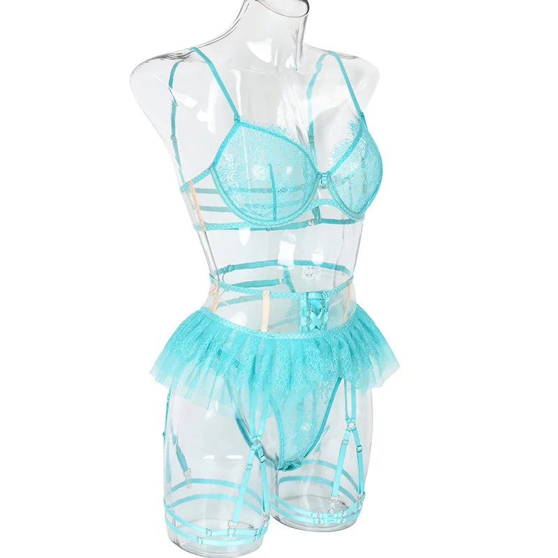 Billionm Lingerie Set Push Up Bra and Panty Sexy Intimate Womens Sex Underwear Three Pieces Mesh Sheer Lingere Lace Pink Bralette Costume