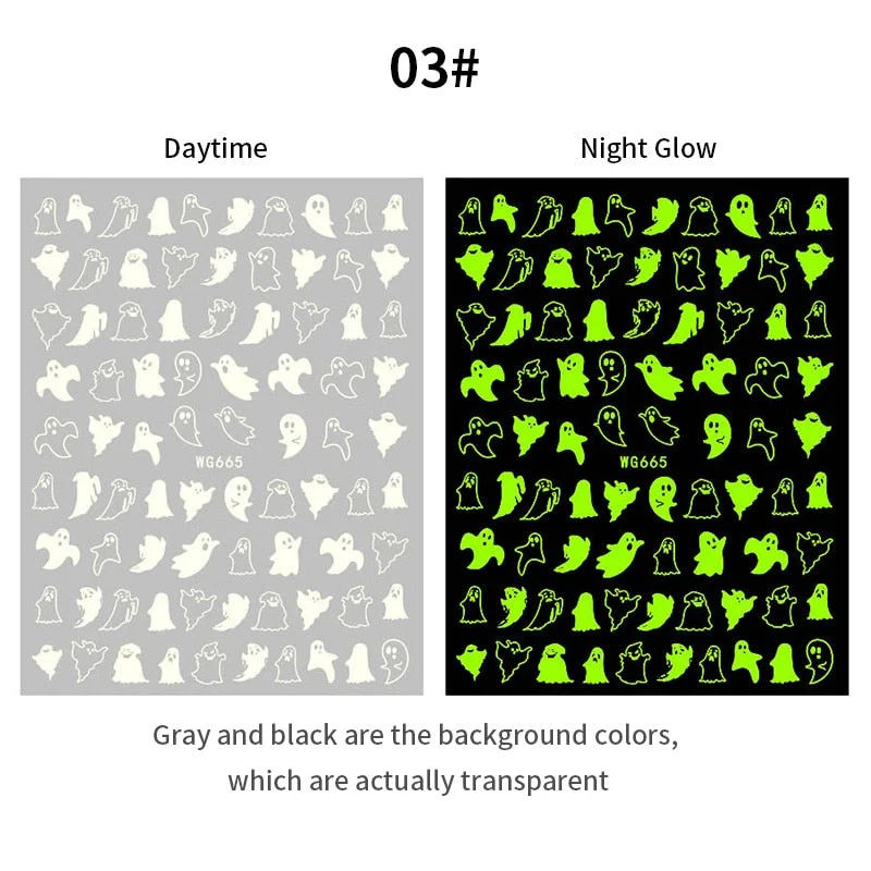 1PC Halloween Luminous 3D Nail Stickers Glowing In Dark Pumpkin Ghost Spider Web Party Design DIY Decals Slider Nail Decortion