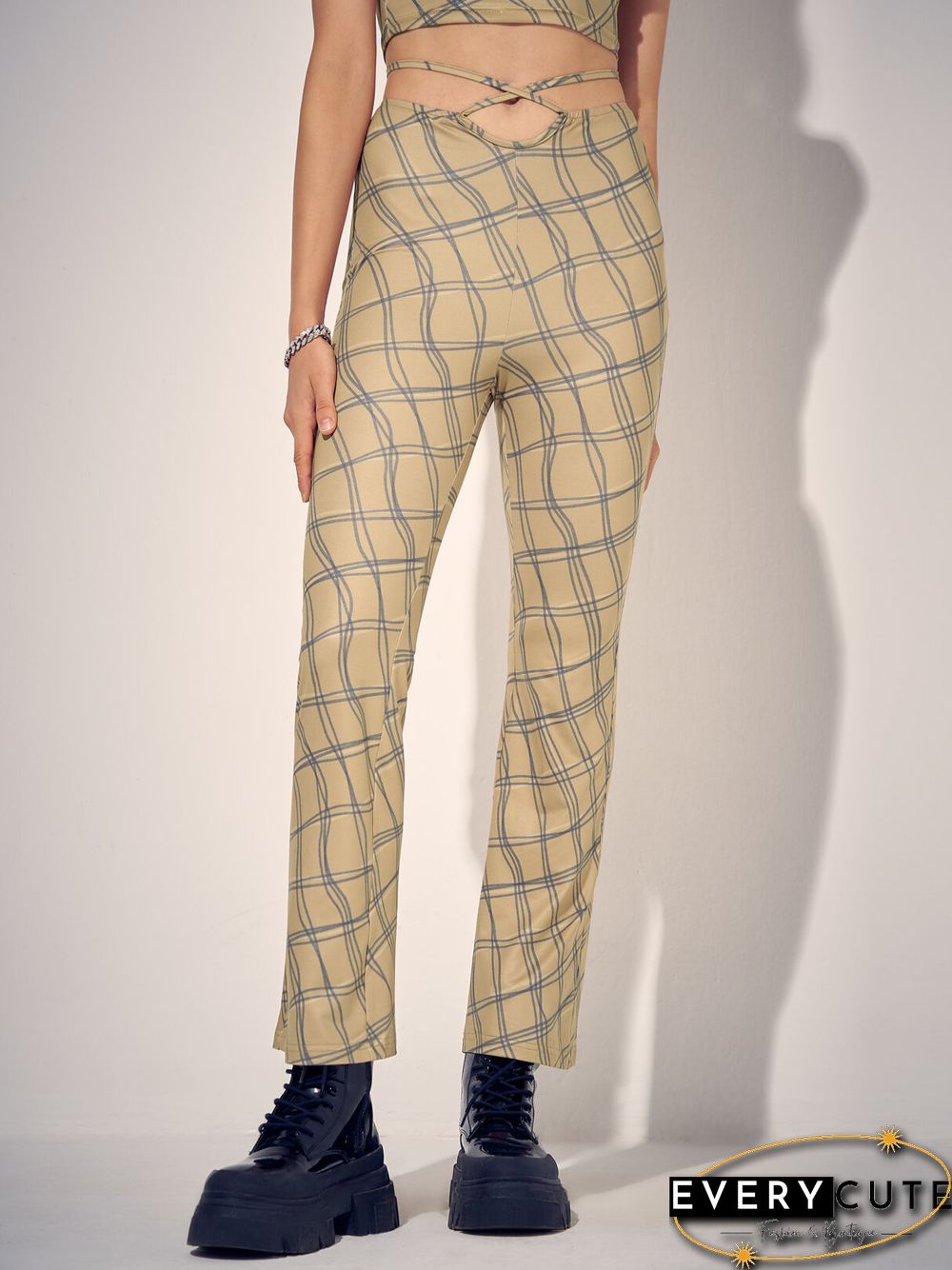 Check Print Tie Waist Hollow Bootcut Leg Pants