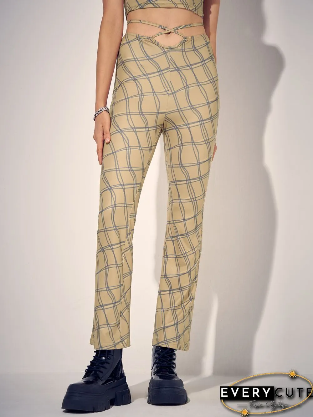 Check Print Tie Waist Hollow Bootcut Leg Pants