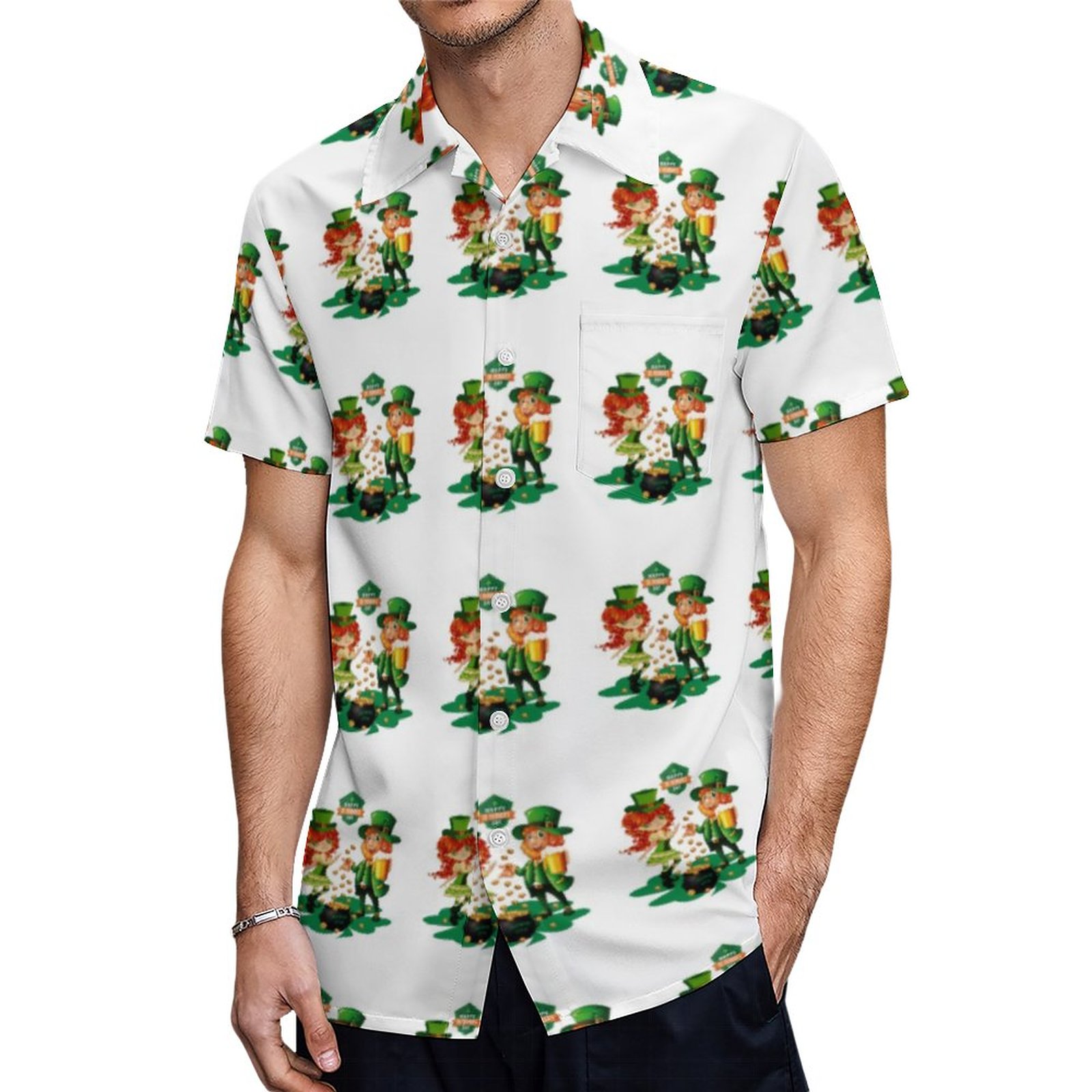 St Patricks Day Dancing Leprechaun Couple Hawaiian Shirt Mens Button Down Tropical Hawaii Beach Shirts
