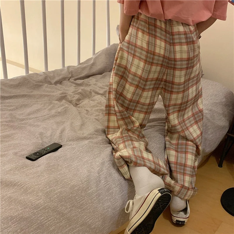 Wide-leg Pants Women Thick Fall Plus Size 4XL Chic Trendy Harajuku Plaid Teens High Waist Trouser Simple Korean Couples Clothing