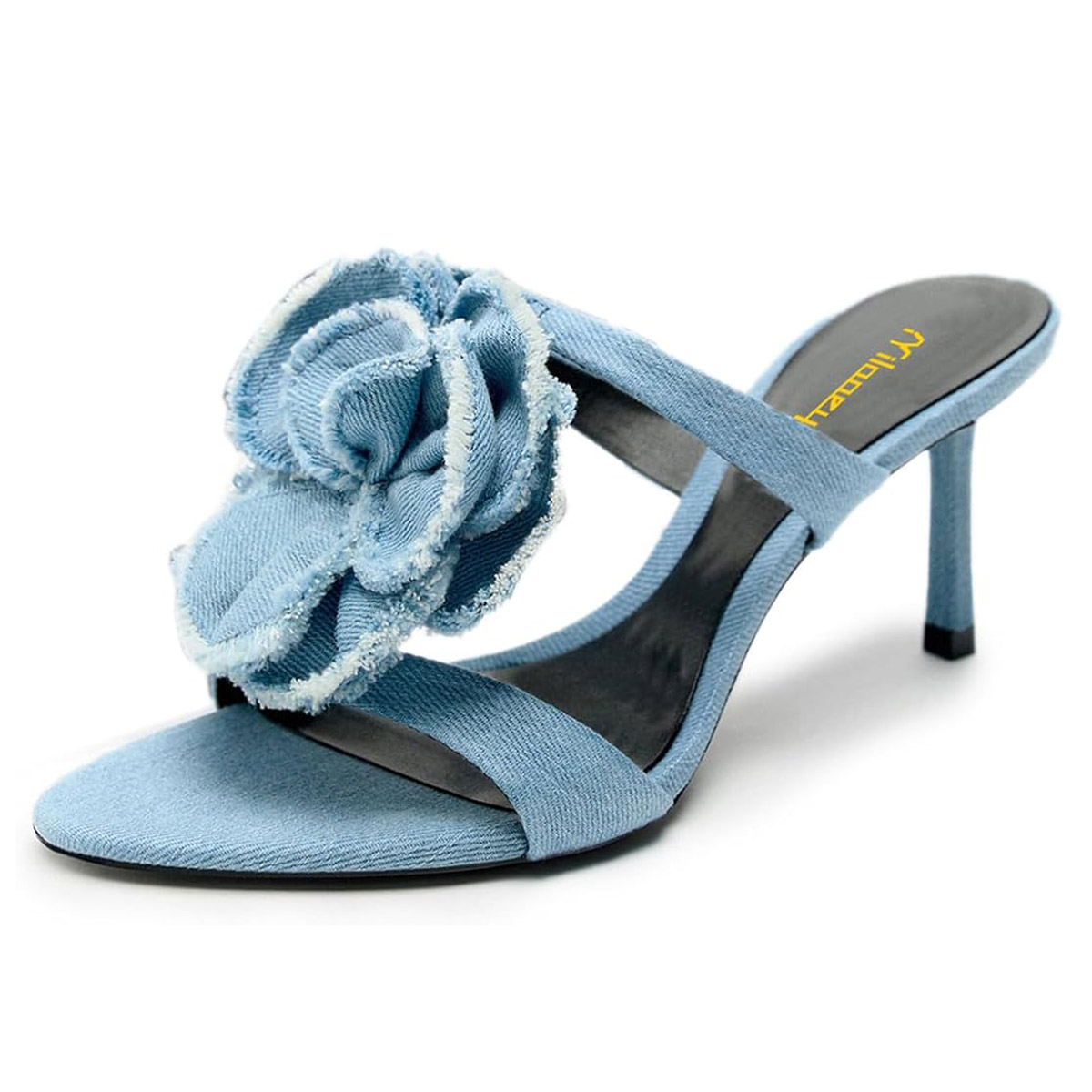 Blue Denim Floral Open Round Toe Stiletto Heel Mules Sandals Nicepairs