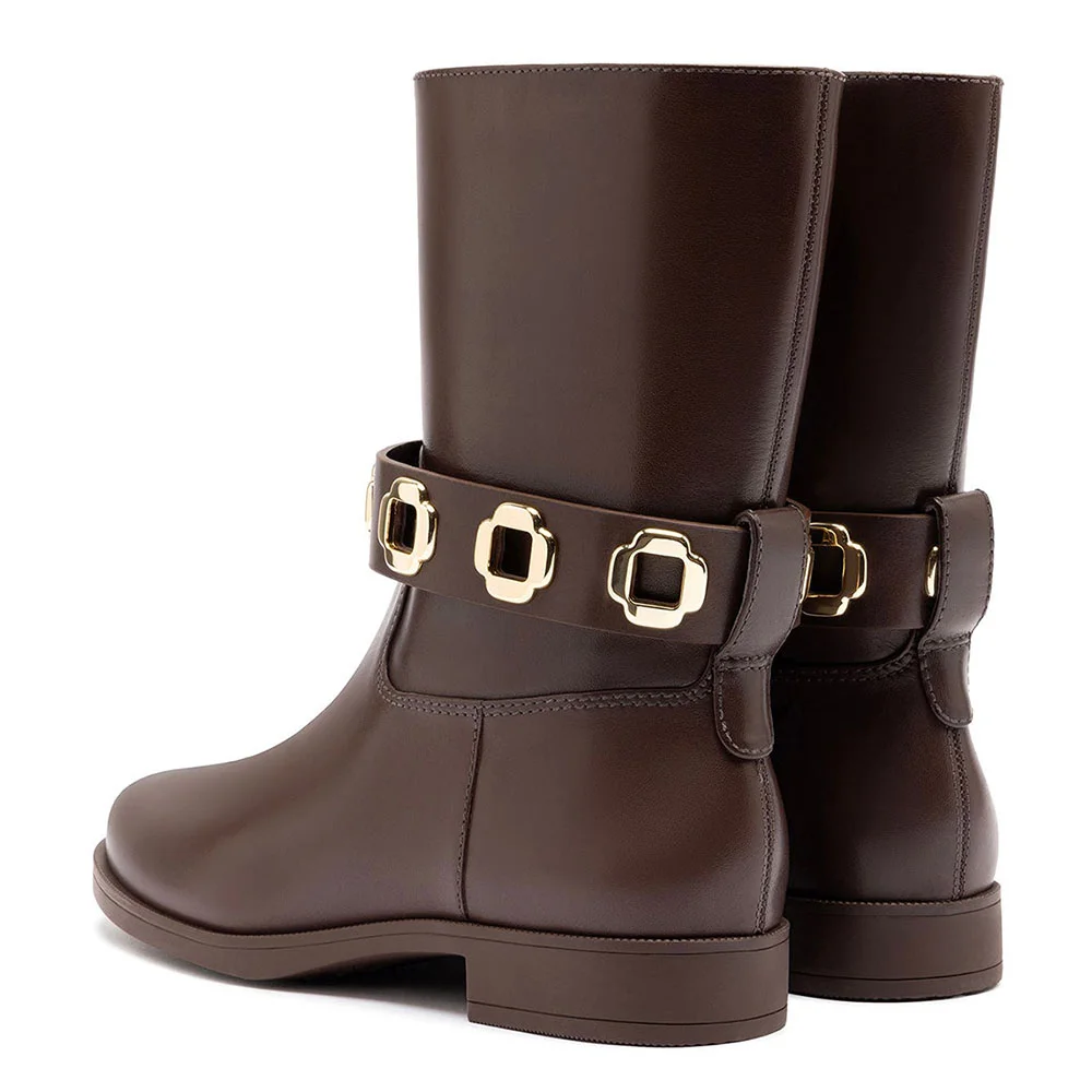 Simple Brown Round Toe Flat Ankle Boots with Hardware Strap