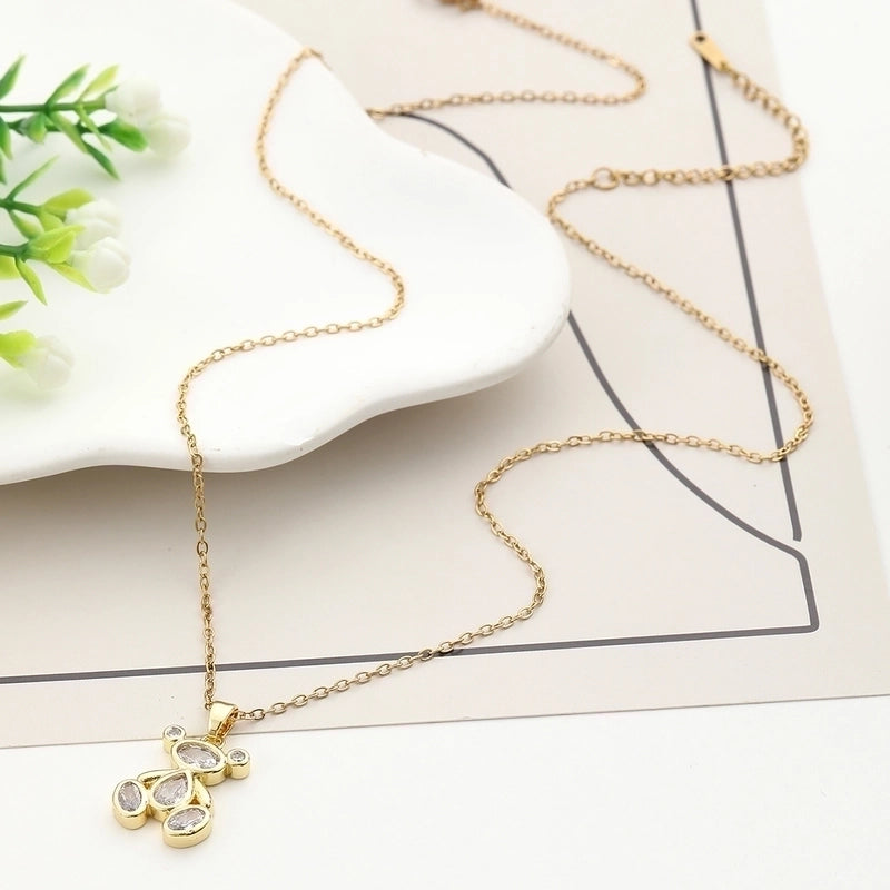 304 Stainless Steel Copper 18K Gold Plated Inlay Bear Zircon Pendant Necklace