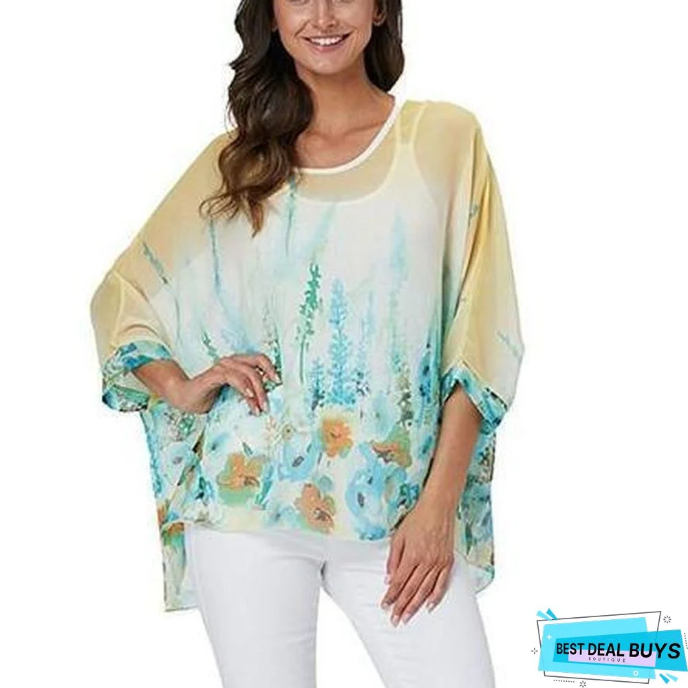 Plus Size Women Batwing Sleeve Casual Chiffon Tops Blouses