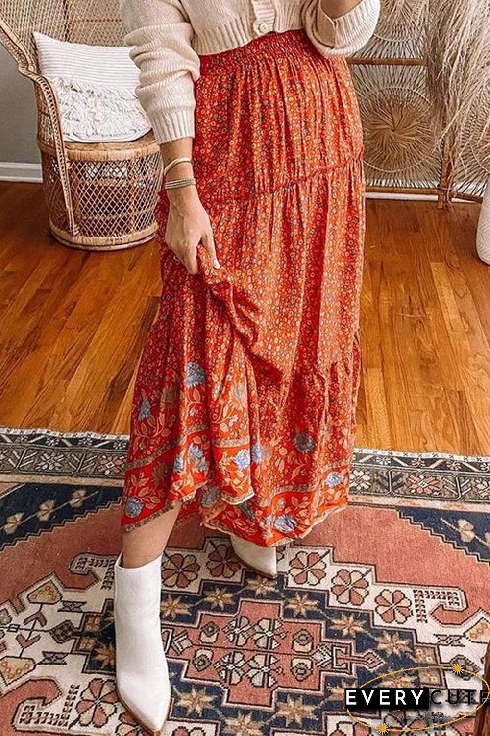 Floral Print Drawstring Waist Maxi Skirts