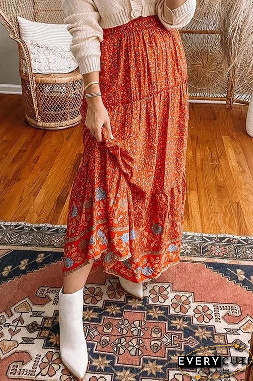 Floral Print Drawstring Waist Maxi Skirts