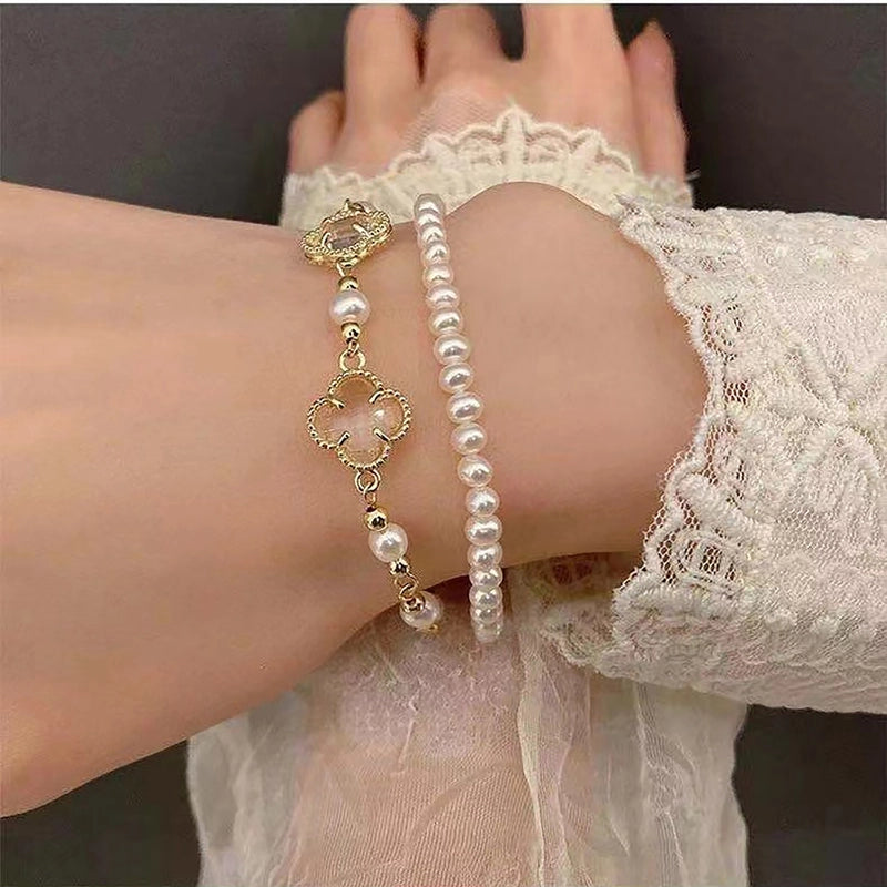 2 Pieces Retro Elegant Elegant Four-leaf Clover Pearl Bracelet Women’s Korean-style Simple Bracelet For Students