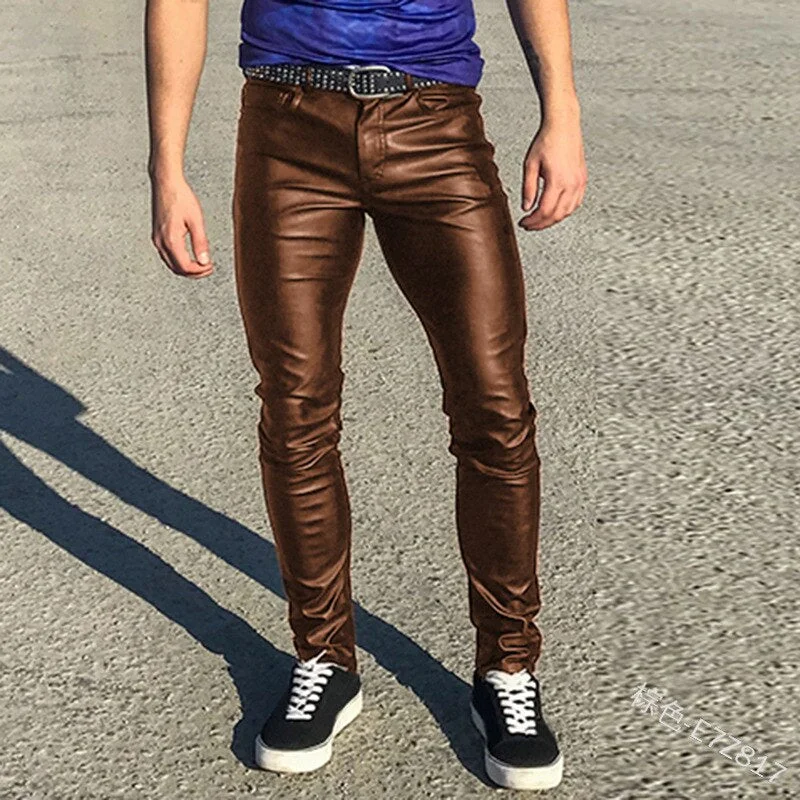 Inongge Punk Casual Pu Leather Pants Solid Color Men'S Clothing Tight Elastic Low Waist Boy Pants Trousers