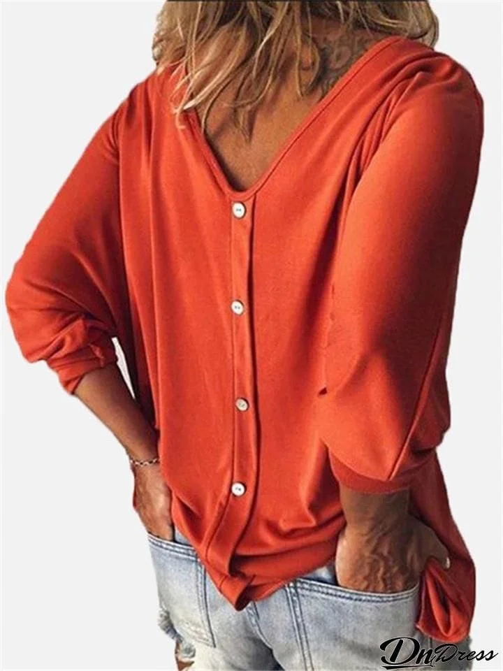 Oversized V Neck Solid Color 3/4 Sleeve Back Button Up Shirt & Tops