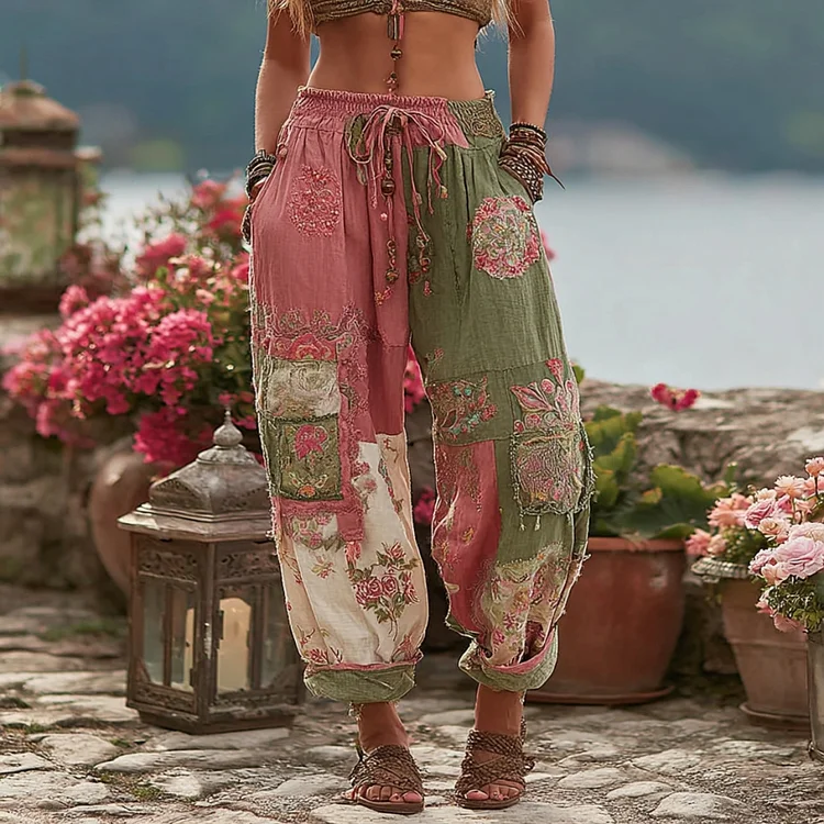 Women's Vintage Floral Embroidery Art Contrast Color Linen Blend Casual Pants