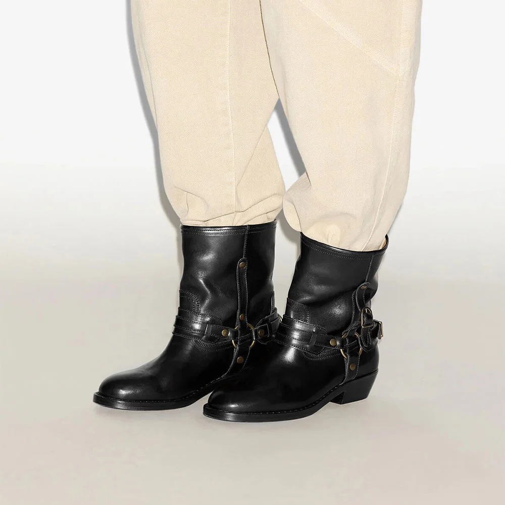 Fashion Closed Toe Low Heel Studded Black Ankle Boots for Women