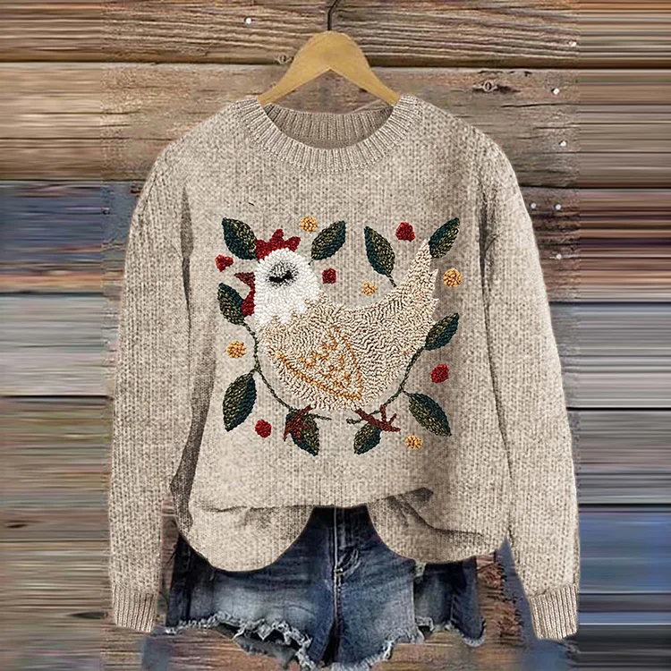 Chicken And Floral Cute Pattern Crew Neck Cozy Knit Sweater