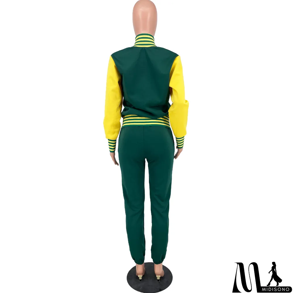 MidiSono - Women Letter Baseball Jacket and Pant Two-Piece Set