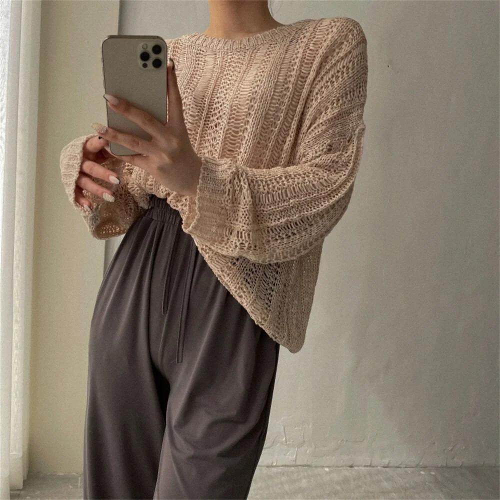 Jangj Alien Kitty Sweaters Hot Knitted Women Sunscreen Loose Full Sleeve Summer 2022 Hollow Out New Solid Chic Casual OL Pullovers