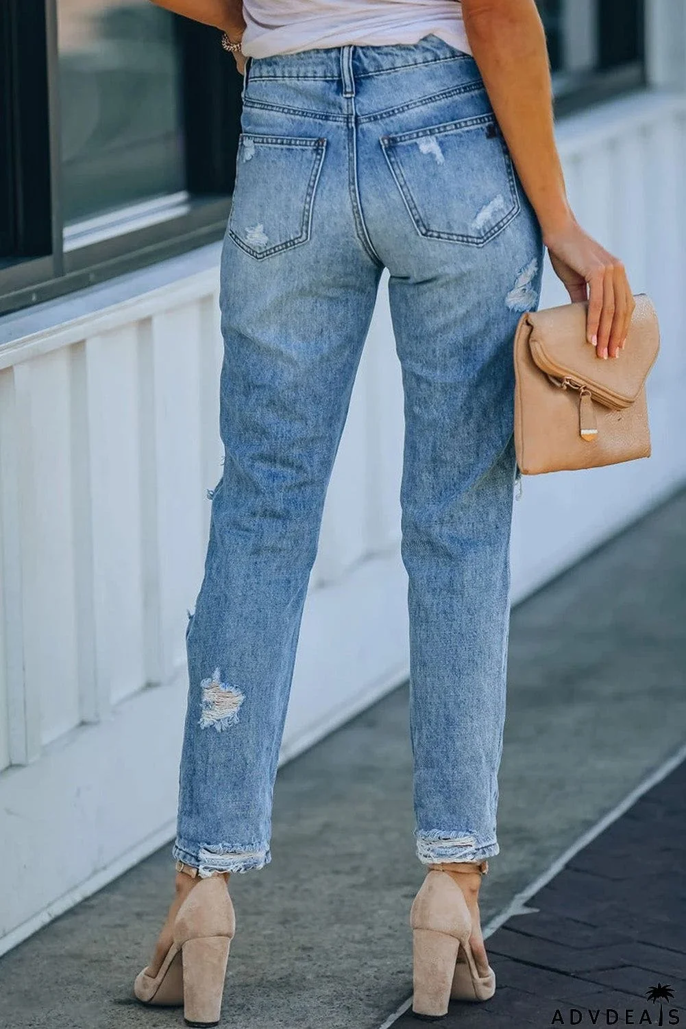 Light Blue Washed Ripped Straight Legs Jeans