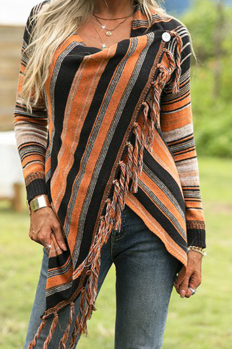 Fashion Striped Tassel Split Joint O Neck Tops