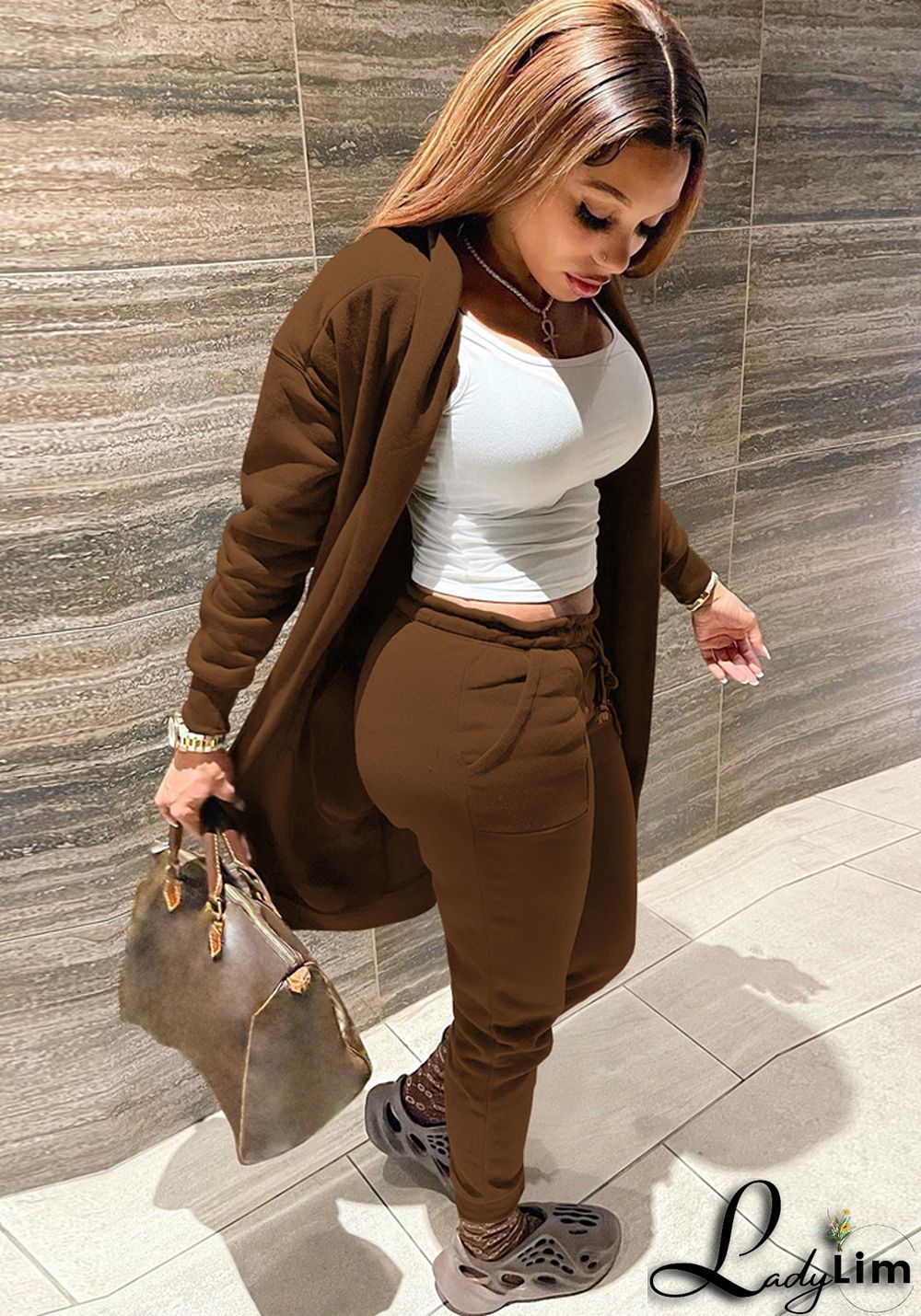 Women's Fashion Solid Fleece Cardigan Coat Pants Two-Piece Set