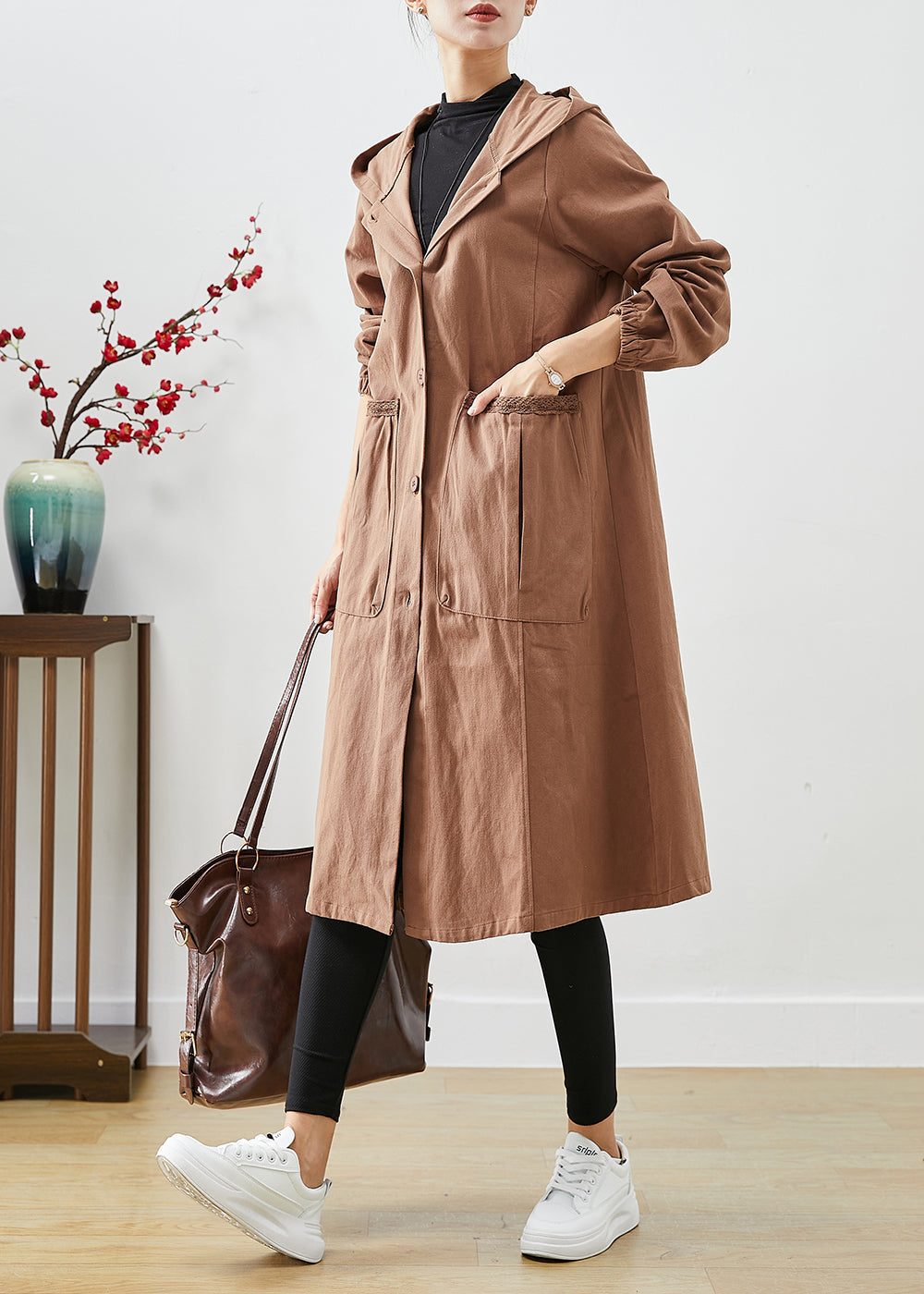 VCSHOES Coffee Hooded Pockets Cotton Trench Coats Fall