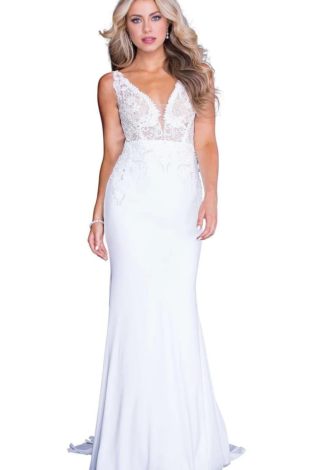 Ovlias Fashion White Wide Shoulder Straps Applique Mermaid Prom Dress LY0767