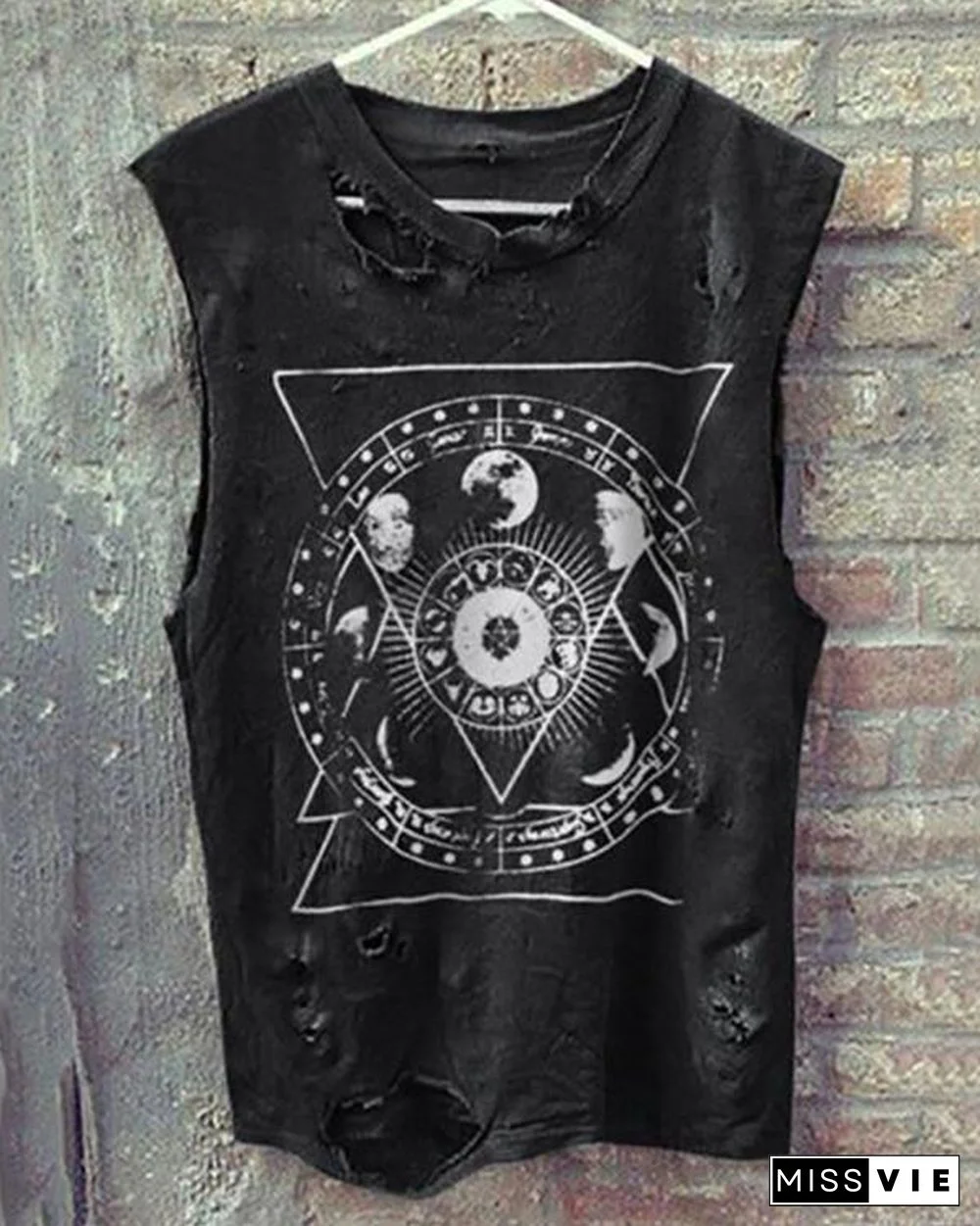 Vintage Round Neck Sleeveless Broken Holes T-Shirt