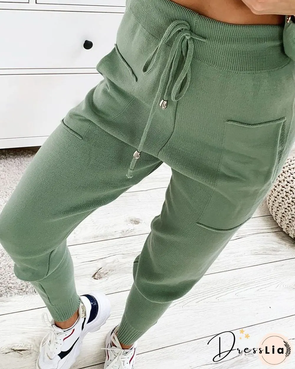 Plain Long Sleeve Top & Drawstring Pants Set