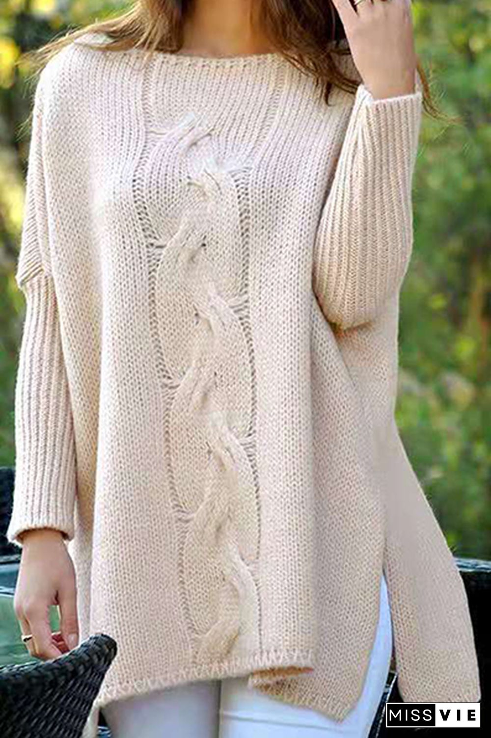 Casual Solid Slit O Neck Tops Sweater