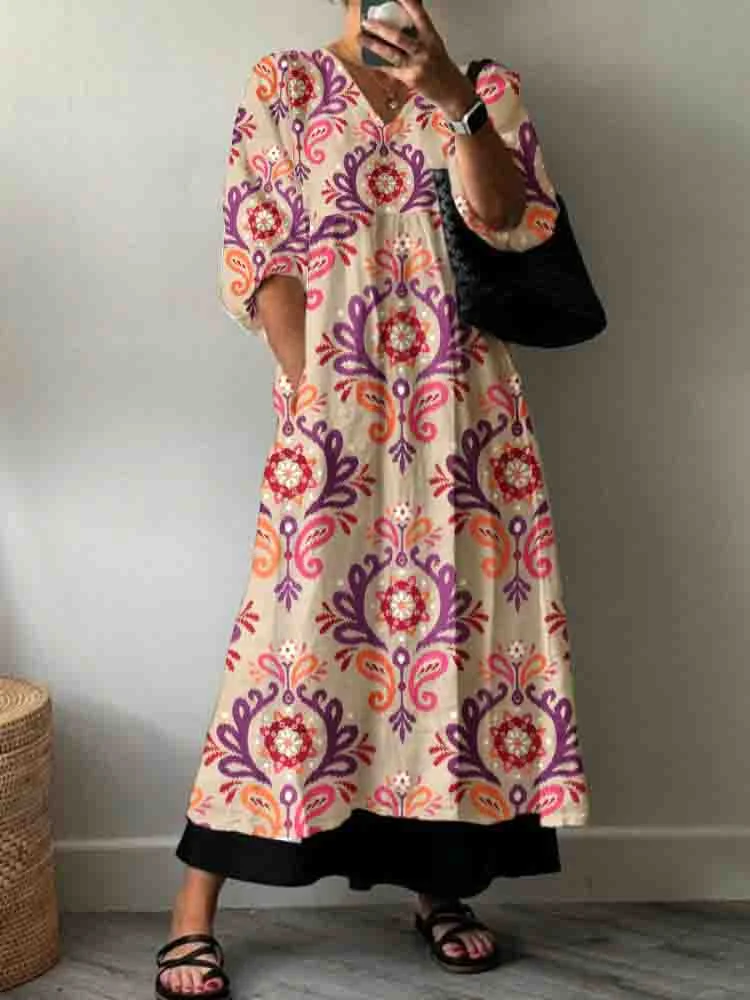WomenS Retro Ethnic Flowers Pattern Cotton Dress