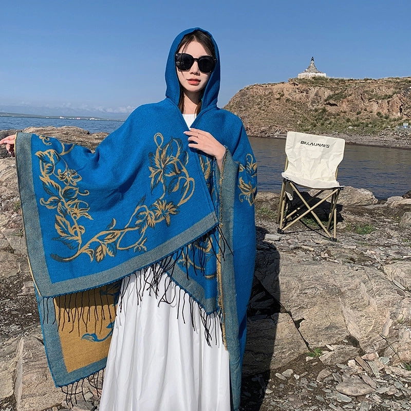 Ethnic Style Hooded Shawl Cloak Lijiang Xinjiang Tibet Northwest Tourism Wear Photograph Warm Outer Cape