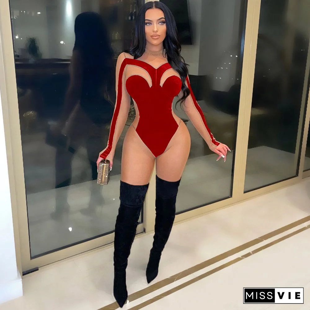 Sheer Mesh Patchwork Velvet Skinny Jumpsuit