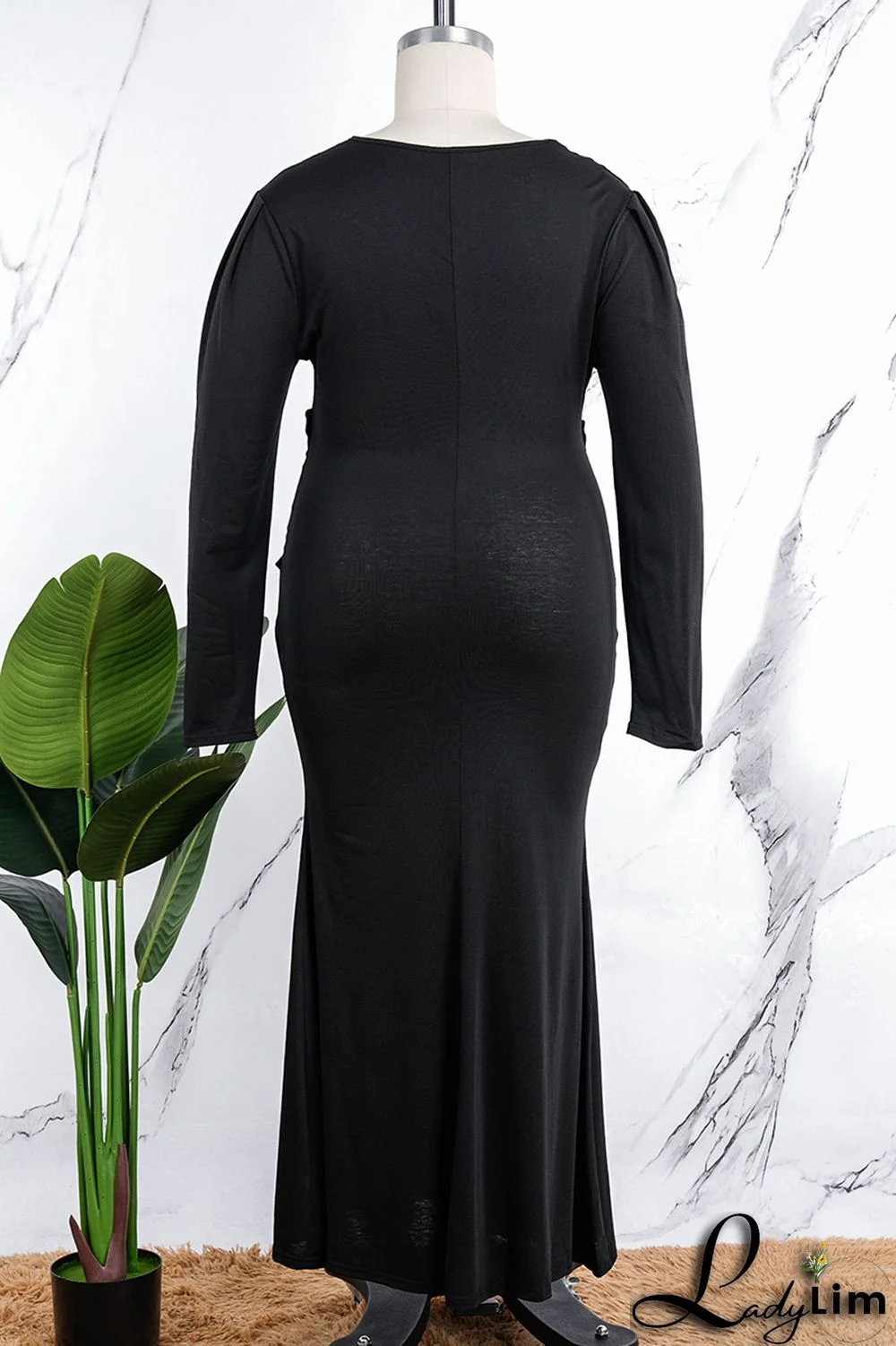 Orange Casual Solid Patchwork V Neck Long Sleeve Plus Size Dresses