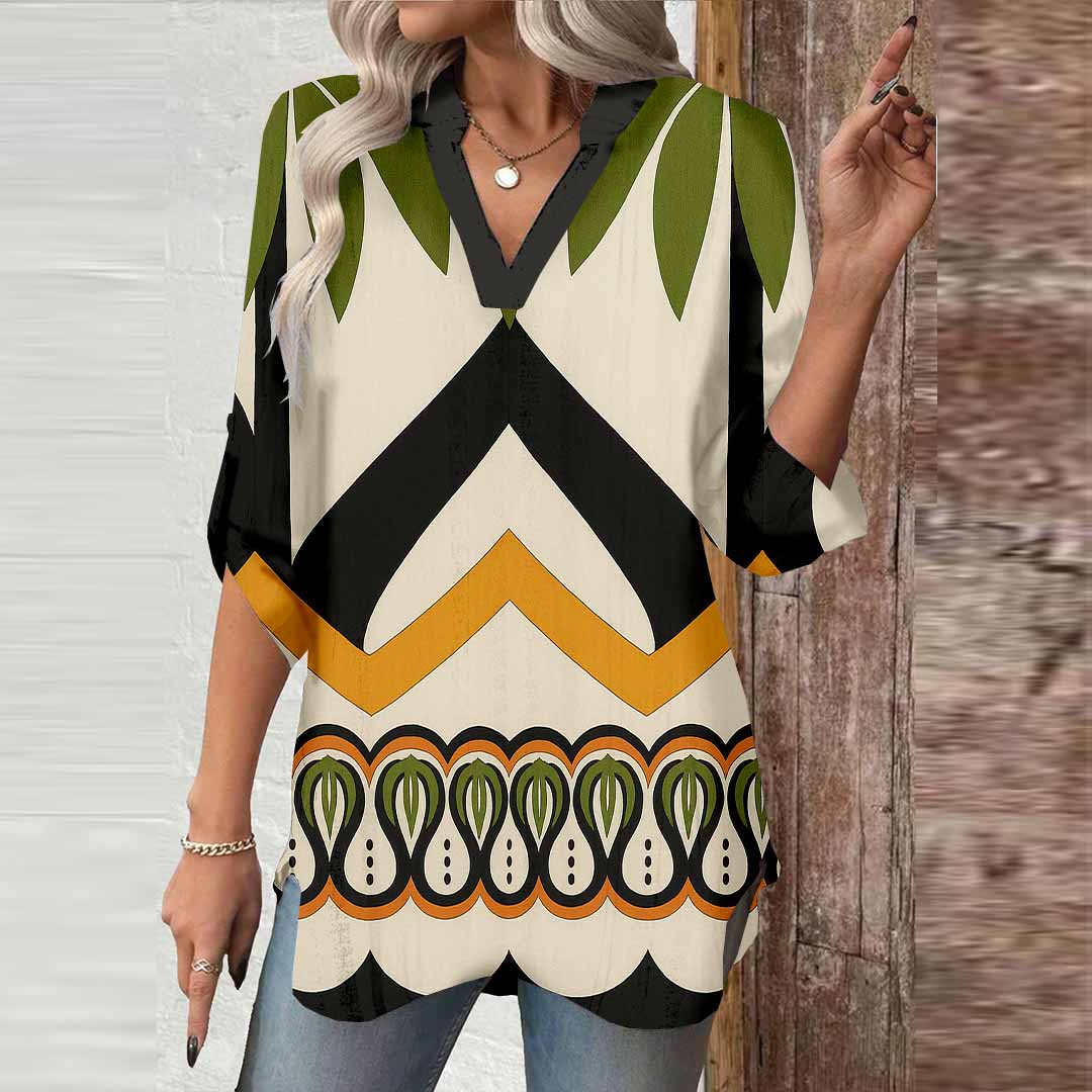 Women Tropical, Black, Green DZGA0123 3/4 Sleeve V-neck Printed Graphic Button Tops