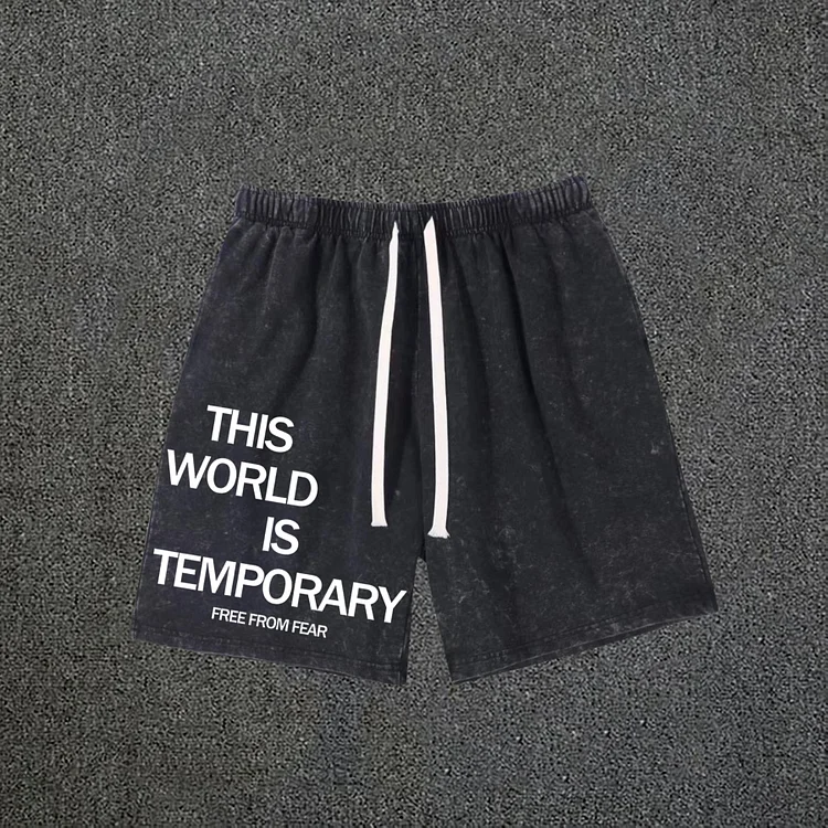 This World Is Temporary Vintage Acid Washed Drawstring Shorts