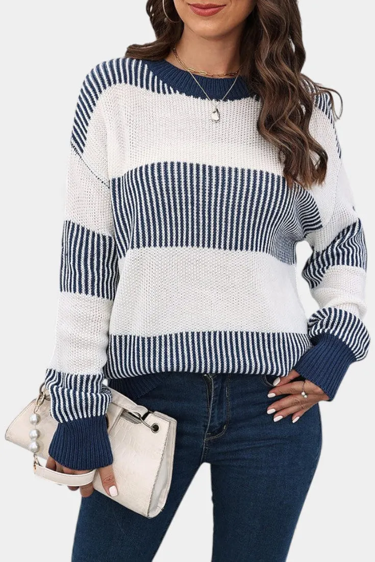 Oversized Striped Knit Sweater with Ribbed Sleeves