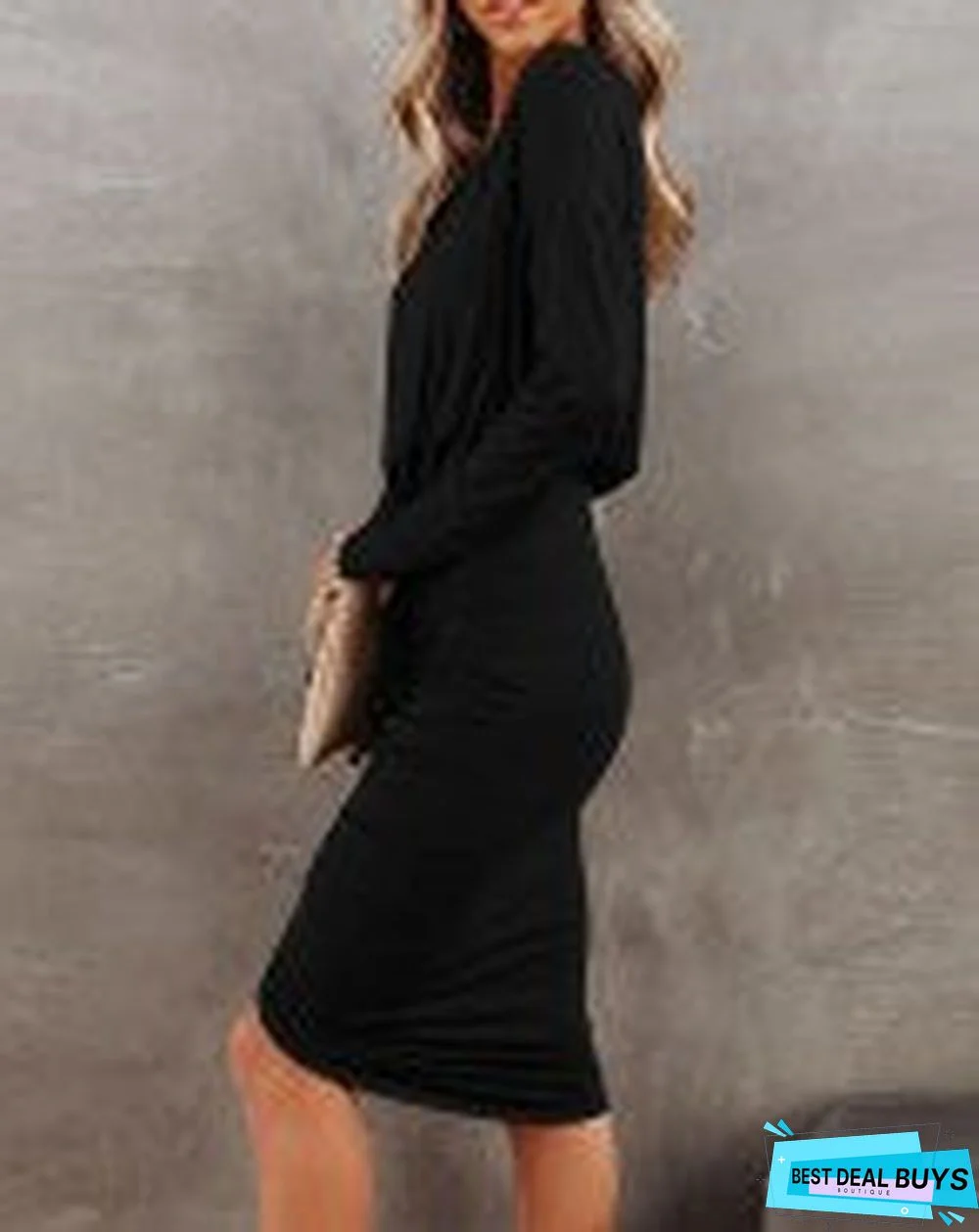 Drop Shoulder Long Sleeve Ruched Skinny Dress Black Dresses