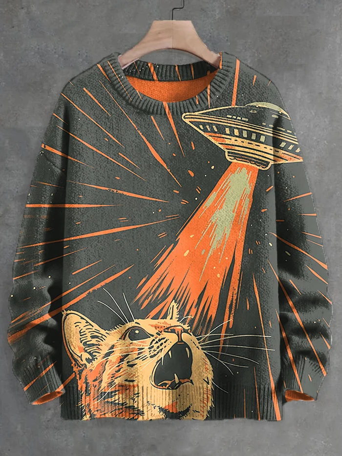 Men's Retro Cat UFO Print Knit Sweatshirt