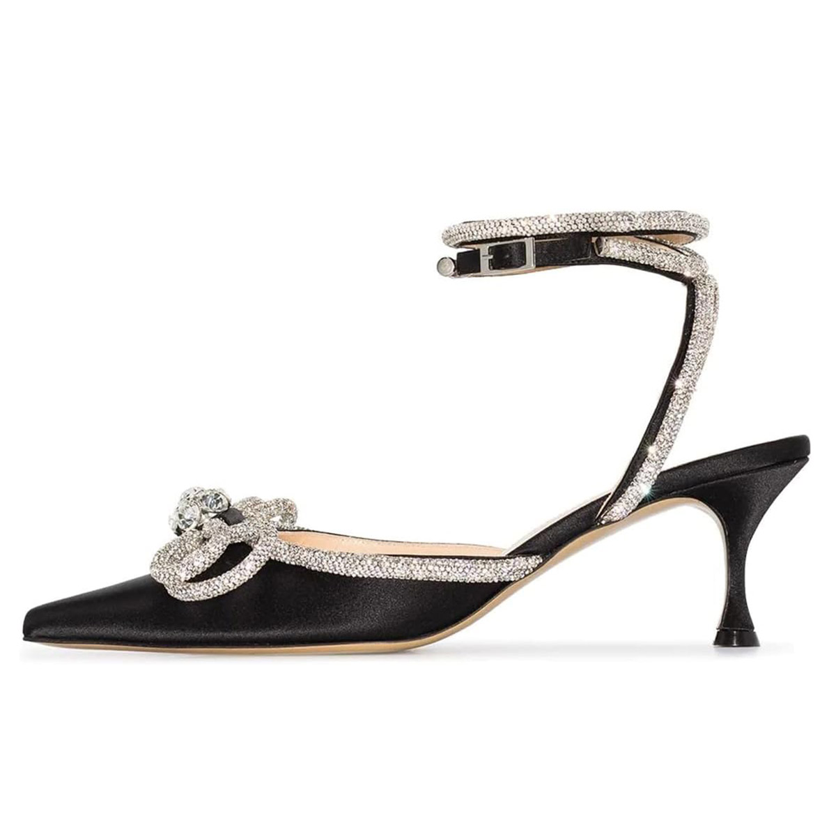 Black Rhinestone Two Bow Buckle Strap Pointed Toe Sparkly Sandals Nicepairs