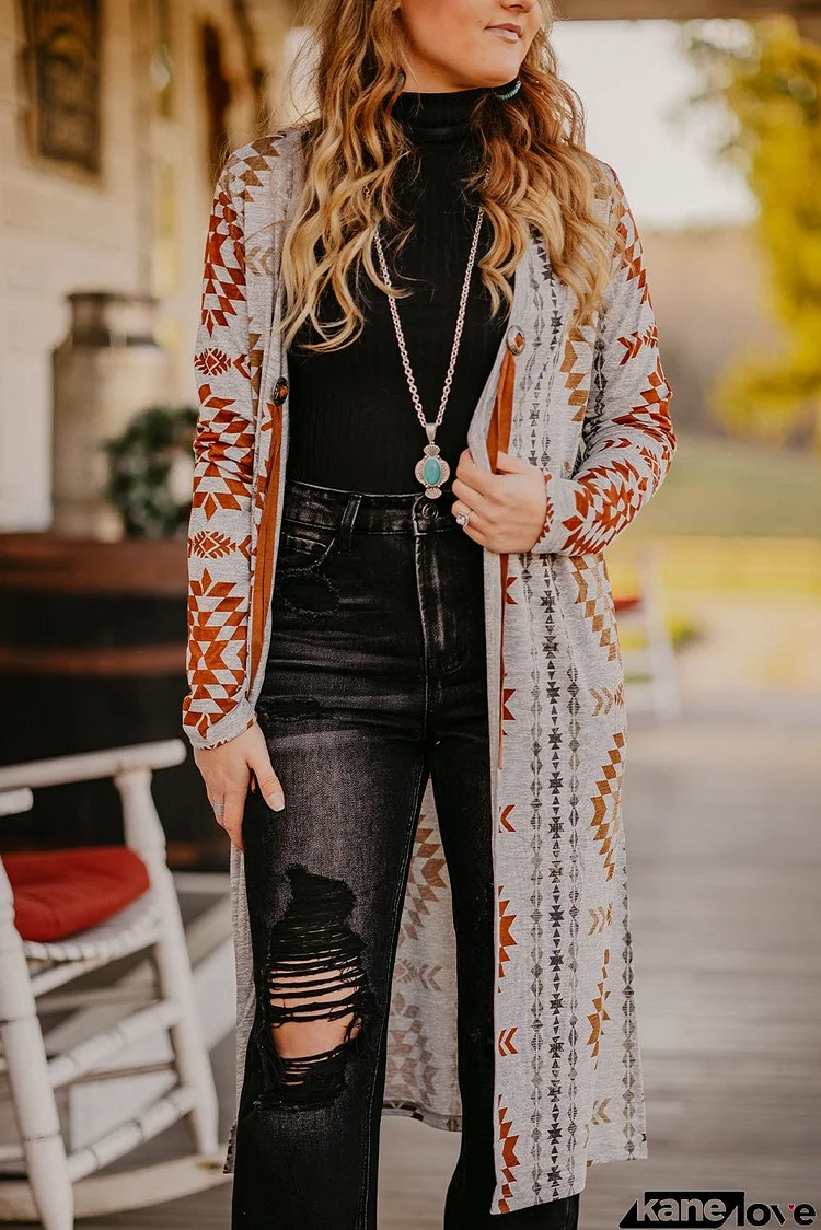 Geometric Aztec Print Open Front Cardigan