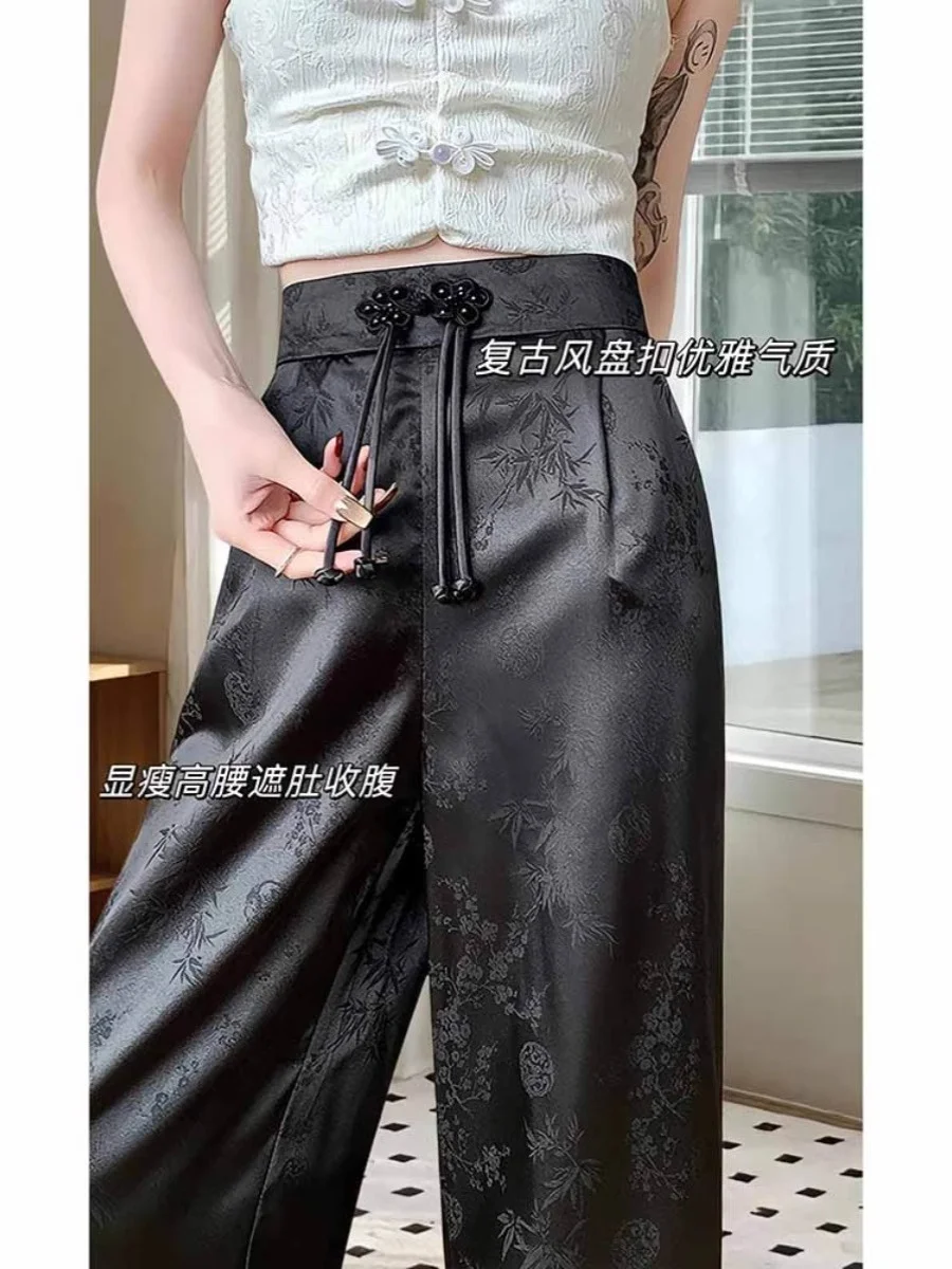 Ueong New Style High Waist Sagging Wide Leg Trousers With National Style And New Chinese Style White Printed Silk Face Casual Trousers