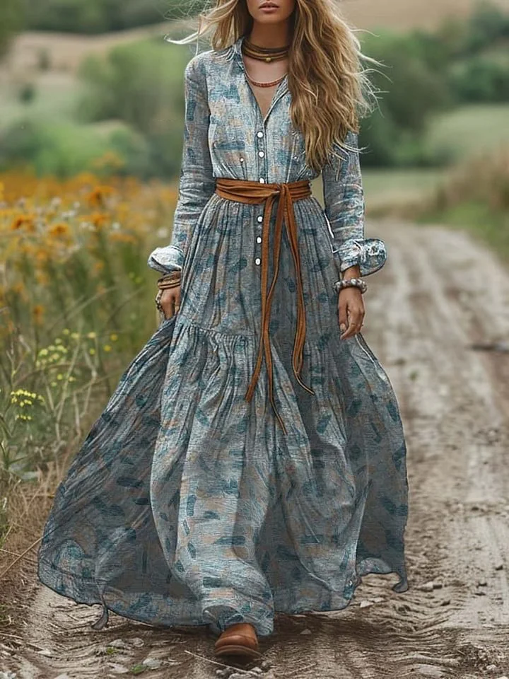 Women's Vintage Shirt Collar Contrast Print Long Sleeve Dress Pocket Cotton Dress