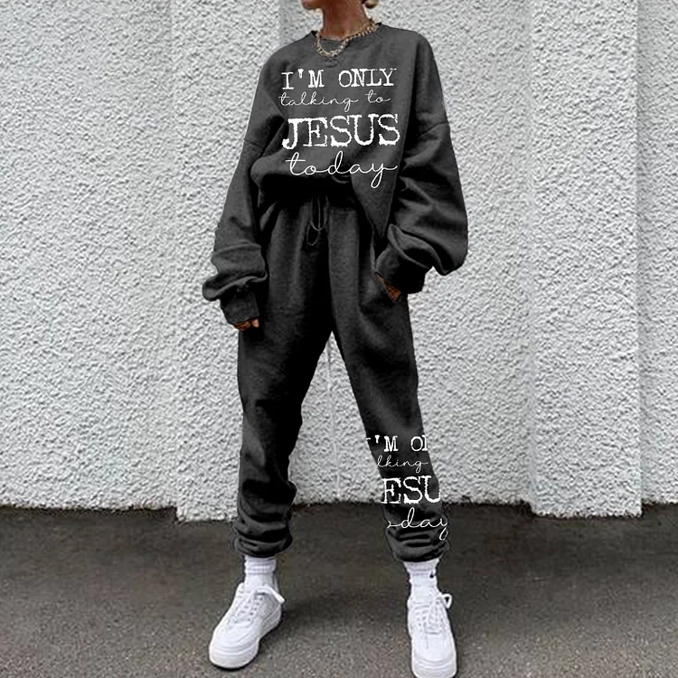 Faith Jesus Letter Print Round Neck Long Sleeve Sweatshirt Two Piece Set