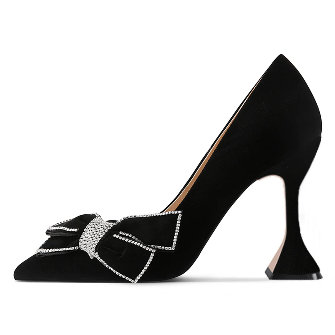 Black Vegan Suede Pumps Shoes Pointed Toe Rhinestone Bow Heels