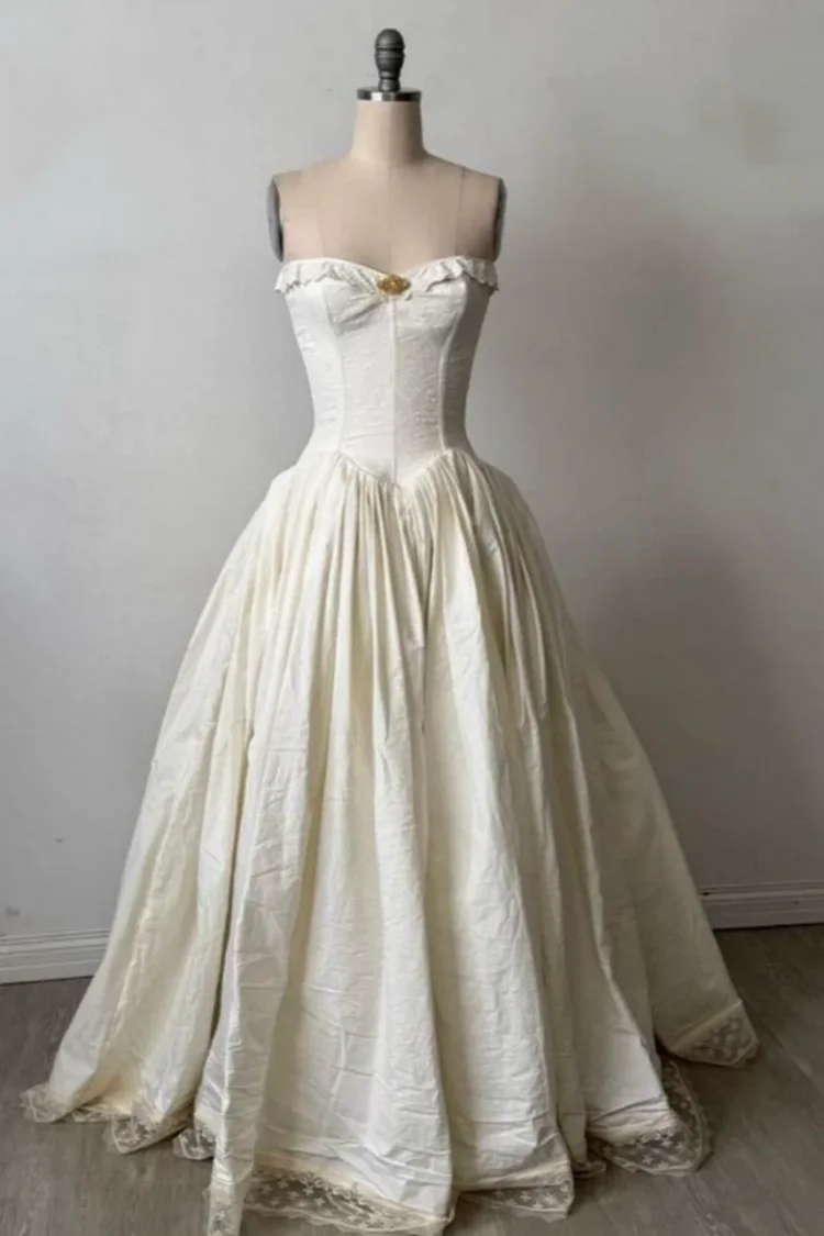 Vintage Strapless Fashion Long Lace Chiffon Ball Gown Wedding Dress