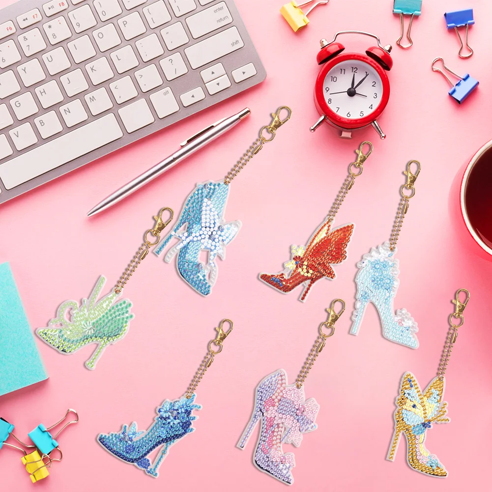 7pcs DIY Butterfly High Heels Double Sided Diamond Painting Keychain for Beginners Craft Supplies