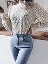 Stand Collar Puff Sleeves Lace Solid Color Fashion T-Shirt Top