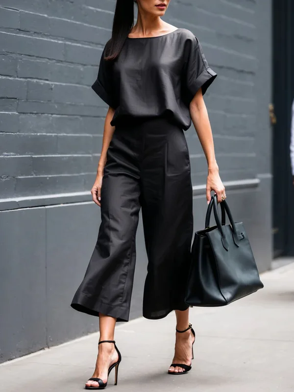 Round Neck Wide Leg Pants Temperament Women's Suit
