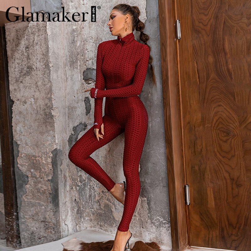 Glamaker Jacquard long sleeve casual  fitness playsuit 2021 Women spring summer slim jumpsuit Knitted letter printed sportwear
