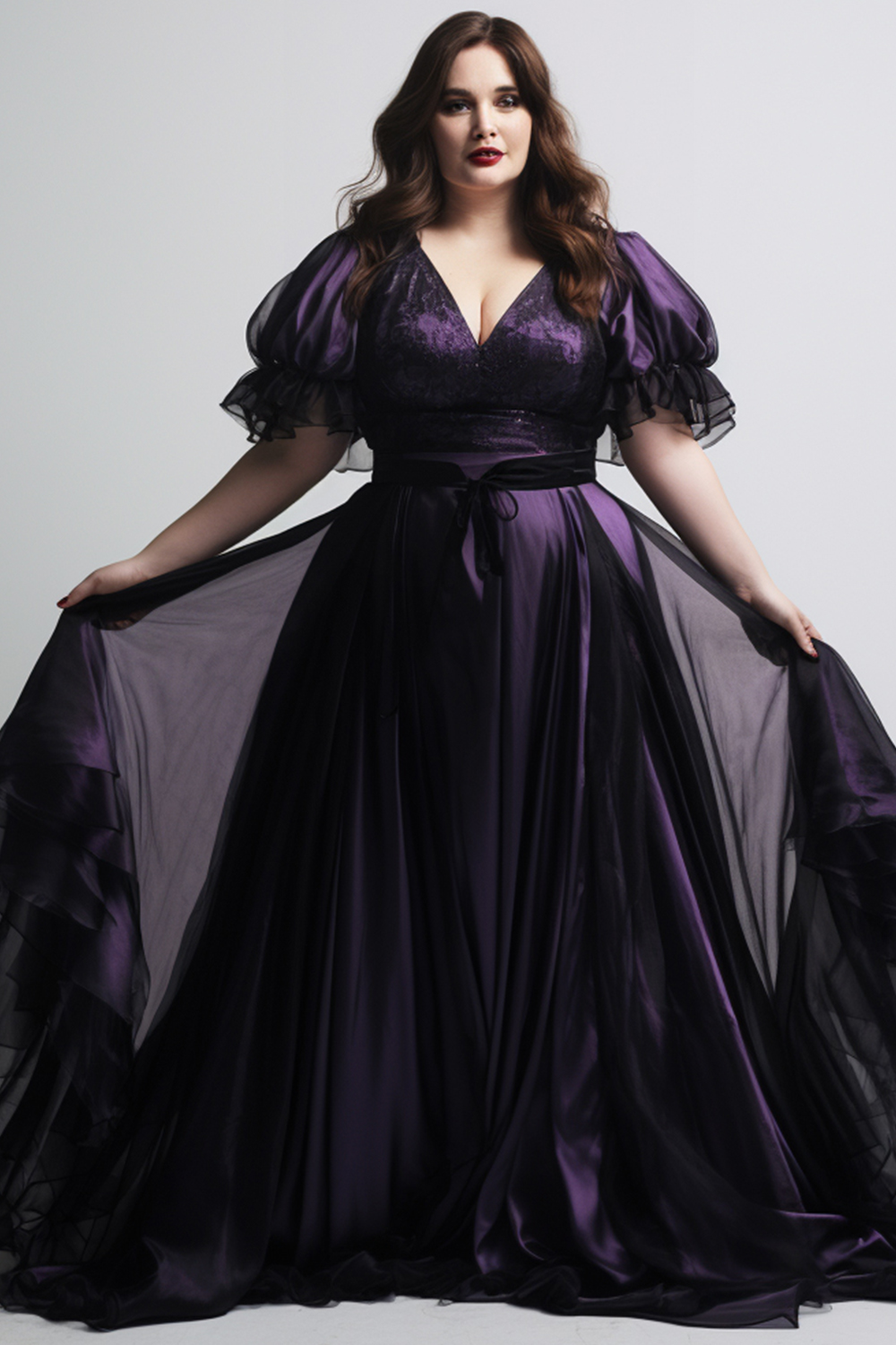 Flycurvy Plus Size Goth Grape Organza Puff Sleeve Printed Lace-Up Maxi Dress